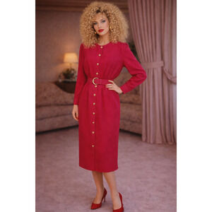 Vtg Ms Chaus Gold Button Down Fuchsia Pink Dress Long Sleeve with Belt Size 14